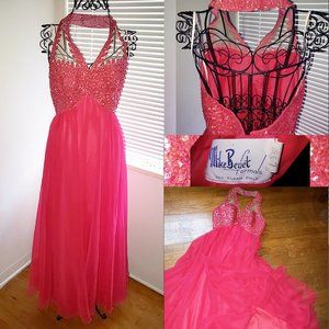 1980s Mike Benet Vintage Hot Pink Taffetta Chifon Valentine's  Halter Maxi Gown